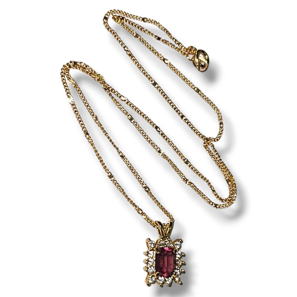 Vintage 18K HGE Purple White CZ Halo Pendant Necklace 18" Dainty NWOT Gold Tone